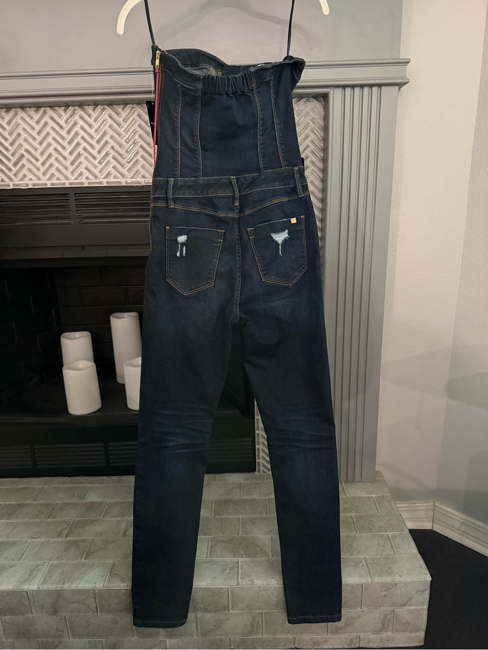 bebe Dark Blue Lace-Up Strapless Skinny Denim Jumpsuit - Picture 3 of 3
